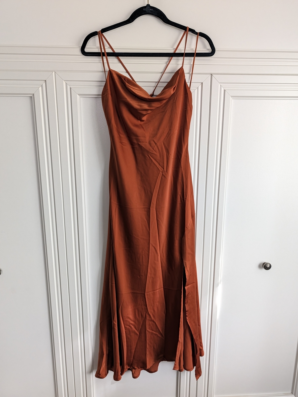 Astr Satin Slip Maxi Dress in Rust Orange